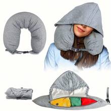 One Pack Hooded Travel Stuffable Neck Pillow, Hooded Travel Pillow That Can Be Stuffed With Clothes, Stuffable Travel Pillow Storage Bag, Soft Empty Neck Pillow Case, Packable For Airplane Travel Essentials - 淺灰色 - 查看 1