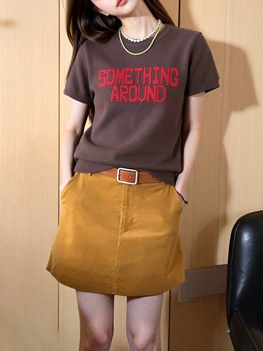 Alicedudu Áo thun nữ tay ngắn cổ tròn in chữ, phong cách tối giản, thích hợp mặc mùa hè. - Cà phê nâu - Xem 1