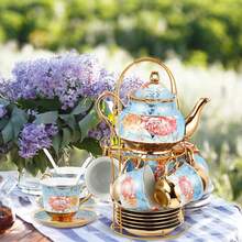 20-Piece European Porcelain Tea Set With Metal Stand & Blue Floral Painting – Elegant Tea Service Gift For Adults, Ideal For Spring Outing, Easter Party, Home Decor & Special Occasions (Large, Classic Gold) - Màu xanh nhạt - Xem 10