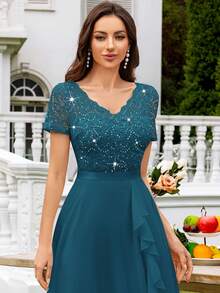 MIUSOL V-Neck Sequin Floral Lace Ruffle Trim Chiffon Prom Party Swing Dress,Elegant Party Dress For Women Summer - Dusty Blue - View 10