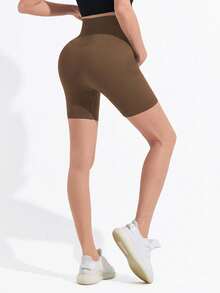 Maternity Seamless Solid Color High Waist Ribbed Waistband Non-Slip Leggings, Basic Fitted Sports Shorts Summer - Rust Brown - View 7