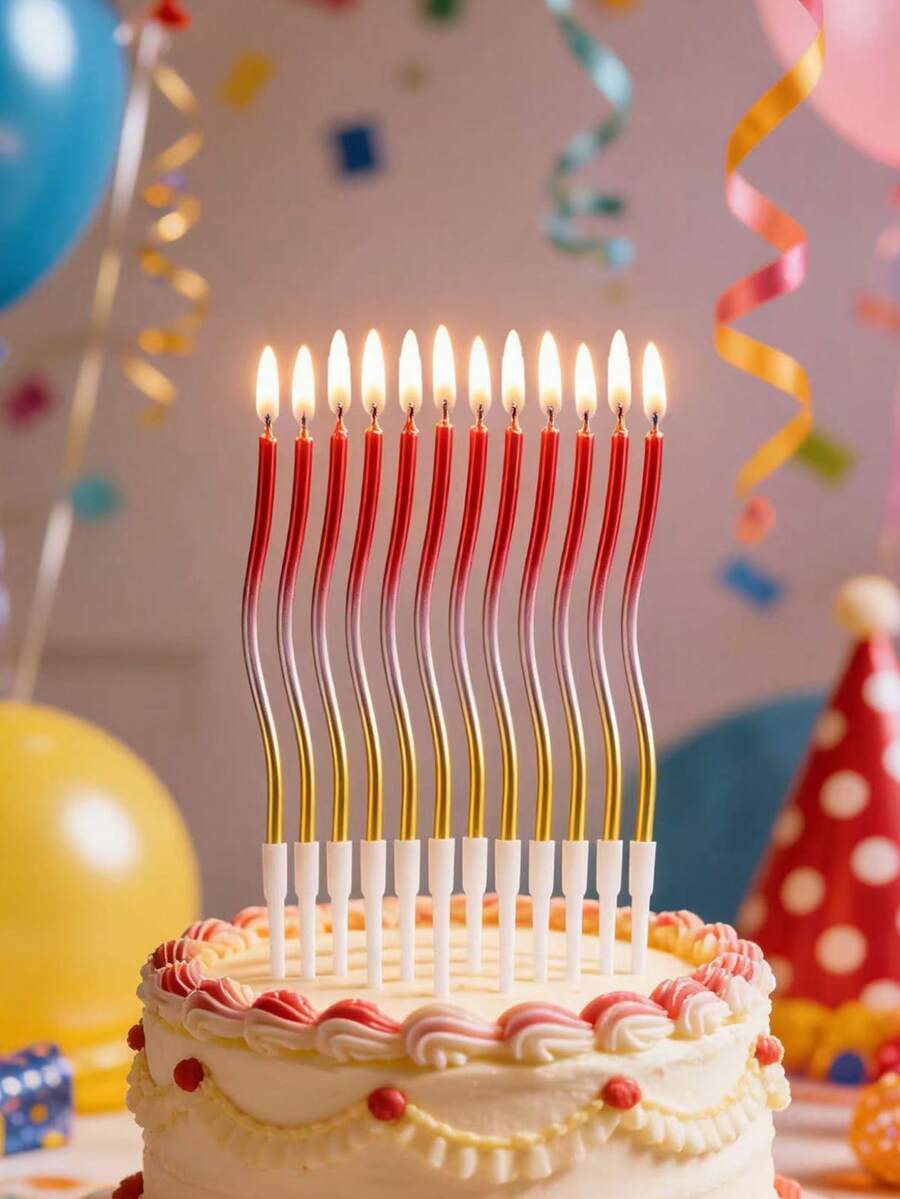 12pcs Tri-Color Curved Candles, Red, Silver, Gold Plated, For Birthday, Anniversary, Party, Cake Decor - View 1