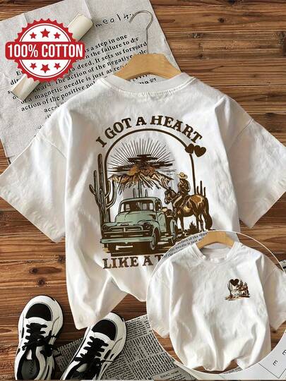 100% Cotton 1PCS[Double-Sided Print]Western Style Pickup Truck Cowboy Cactus HEART TRUCK Cowboy Cactus Sunset Desert Vintage Print Casual Short-Sleeve Round-Neck Pure Cotton T-Shirt[Chu] 2026-Summer, Holiday Outfits For Women, Tops For Going Out