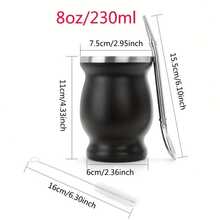 Conjunto de 3 xícaras de chá mate de aço inoxidável com parede dupla e isolamento térmico, 240ml (inclui filtro de canudo + escova de limpeza), formato clássico de cabaça preta, ideal para chá da tarde, encontros com amigos e acampamentos ao ar livre. - Preto - Ver 2