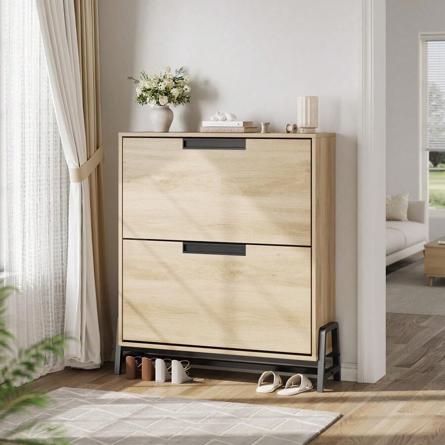 Platzsparender Schuhschrank für Flur – 2 Klappfächer, freistehend, Metallfüße, verstellbares Regal – Modernes Design – Ideal für Eingangsbereich, Diele oder Wohnzimmer - Holzfarbe - Übersicht 1