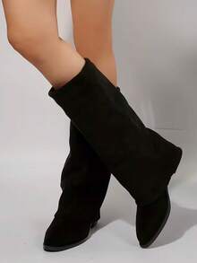 Suede Knee-High Boots For Autumn/Winter, French Style With Chunky Heel And Pointed Toe. Ref 9002 - màu đen - Xem 12