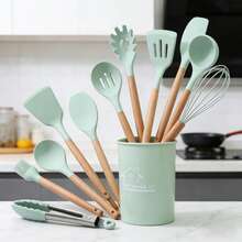 Premium 12-Piece Silicone Kitchen Utensil Set With Storage Bucket, Heat-Resistant Cooking Tools, Natural Wooden Handles, Non-Scratch, Suitable For All Cookware, A Must-Have For Home Chefs - 黑色 - 查看 4