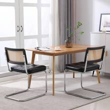 Modern Medieval Dining Chairs, Set Of 2 Rattan Dining Chairs With Soft Faux Leather Upholstery, Armless Rattan Chairs With Mesh Backrest, Chrom Metal Legs (Black) - Black + PU Leather + Foam - View 8