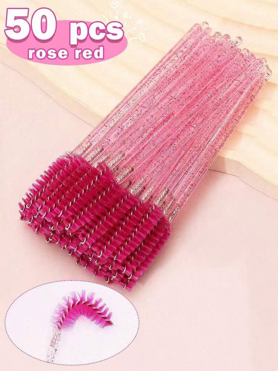Bộ 50 cọ chải mi dùng một lần màu đỏ hồng, dụng cụ uốn mi pha lê, lược chải mi lấp lấp lánh, bộ dụng cụ trang điểm mini