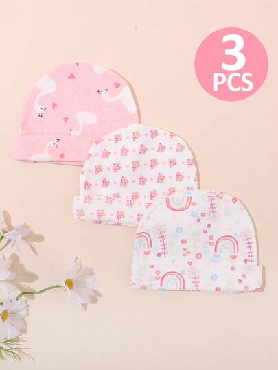 Bộ 3 mũ len mỏng họa tiết hoa nhí dễ thương cho bé sơ sinh, thích hợp đội hàng ngày vào mùa xuân và mùa thu.