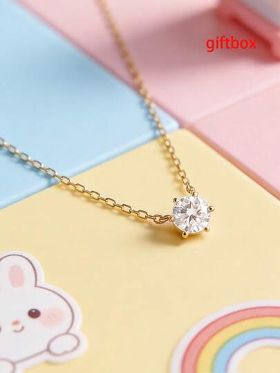 1pc S925 Sterling Silver 6-Claw Cubic Zirconia Round Pendant Necklace, Designed For Girls, Suitable For Vacation, Casual, School Wear, Sweet Personalized, Petite & Delicate Choker Necklace, Lovely Birthday Gift