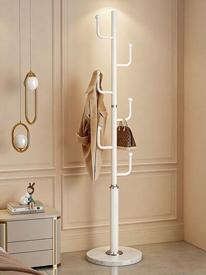 Cabideiro de chão em ferro branco leitoso para casacos e chapéus, com 163,5 cm de altura, diversos ganchos para armazenamento organizado, base estável, design simples para economizar espaço e adequado para vários estilos de decoração.