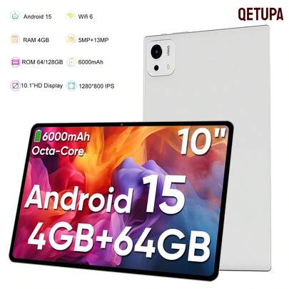 Qetupa 10.1英寸安卓15平板电脑，MTK6762四核2.0GHz处理器，4GB RAM 64GB/128GB ROM，1280*800 IPS高清显示屏，5MP+13MP双摄像头，6000mAh电池，Widevine L1认证，802.11ac WIFI 5和蓝牙5.2平板电脑