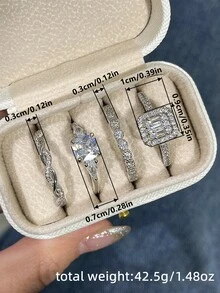Set de 4 anillos con piedras de circonita cúbica elegantes en caja de regalo, adecuado para mujeres, aplicable para boda, compromiso, fiesta de aniversario, regalo de joyería para el Día de San Valentín y talla grande - 1# - Ver 5