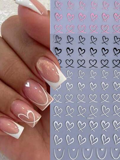 3pcs Black, White & Pink Heart Nail Stickers, Hollow Heart 3D Nail Art Decals, French Line Heart Nail Wraps, Minimalist Nail Decorations, Suitable For Valentine's Day, Wedding Bride
