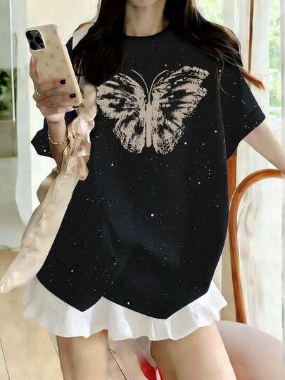 Áo thun nữ tay ngắn cổ tròn dáng rộng, kiểu Mỹ cổ điển, đơn giản, màu đen phối tương phản, in hình bướm lấp lánh, thích hợp cho học sinh, mùa xuân/hè.
