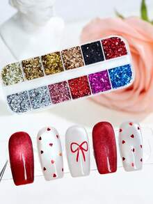 Holographic Small & Large Star, Heart Shaped Nail Glitters, Laser Mixed Mini Pentagram & Heart Sequins, DIY Nail Art Decorations Nail Charms - Red and White - View 6