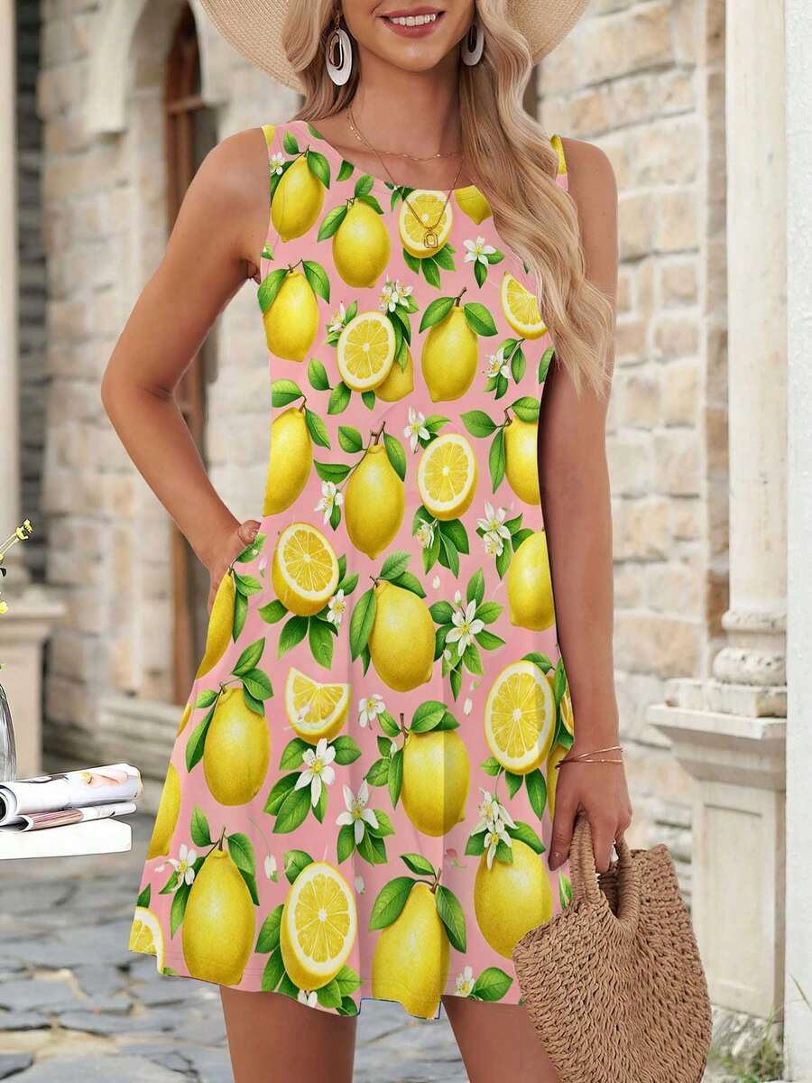 Lemon And Flower Pattern On Pink Background Women's Summer Maxi Dress Sleeveless Button Down Casual Loose Long Beach Sundress Travel Vacation Outfits - Nhiều màu - Xem 1