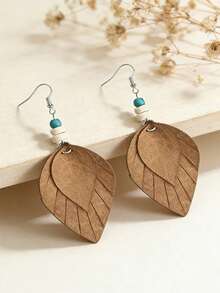 1 Pair Vintage Dried Leaf Earrings, Wooden Leaf Pendant Earrings, Earrings, Artistic Earrings With High-End Vibe - Handmade Earrings - View 1