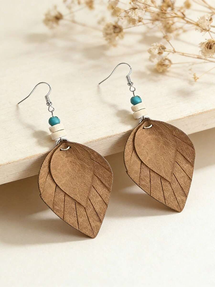 1 Pair Vintage Dried Leaf Earrings, Wooden Leaf Pendant Earrings, Earrings, Artistic Earrings With High-End Vibe - Handmade Earrings - View 1