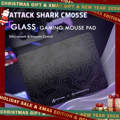 ATTACK SHARK CM05SE 玻璃游戏鼠标垫，纳米微蚀刻纹理，光滑玻璃表面，高精度，快速移动，防刮擦，PU 皮革超防滑底座，小尺寸（410*310mm）