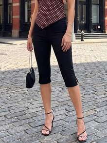 Pantalones de punto Polka para mujeres, pantalones de punto delgado de cintura baja, pantalones de punto blanco y negro casuales y pantalones de costura de rodilla, adecuados para el Fitness diario y el ejercicio. - Negro - Ver 4