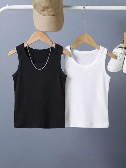2pcs Boys' Solid Color Cotton Knit Sleeveless Vest, Breathable Undershirt, Basic Summer Casual Tank Top, Comfortable Sportswear For Toddlers And Kids
