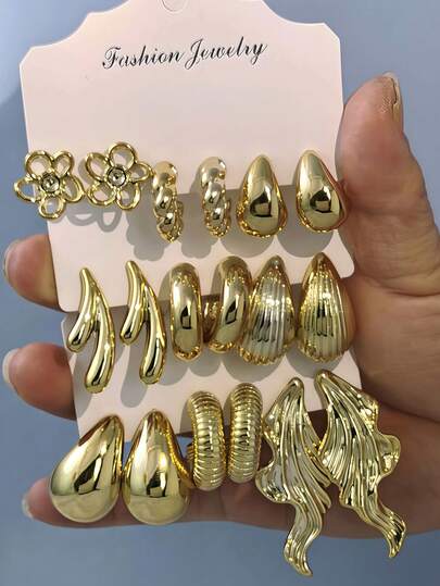 2-6-18件套金色时尚耳环套装，时尚优雅，适合休闲、派对、旅行、假日佩戴