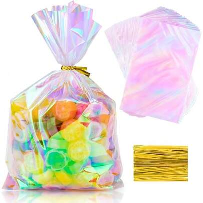 Khoảng 50 túi quà tặng nhiều màu sắc, hiệu ứng hologram, kèm ruy băng, thích hợp cho tiệc tùng, đám cưới, sinh nhật, lễ Phục sinh, ngày Valentine, quà tặng đám cưới - Túi cầm nắm đa năng