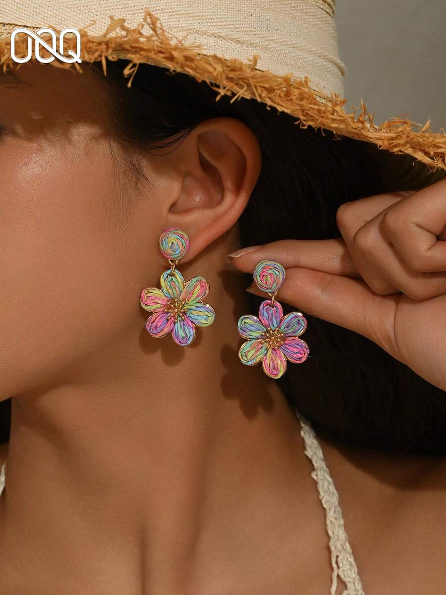 OOQ 1 Pair Summer Boho Style Handmade Woven Rattan Colorful Floral Earrings, Niche Design Minimalist Elegant Floral Tassel Earrings Suitable For Women's Daily, Vacation, Party Wear (Handwoven Texture Pattern Random) - Color - View 1