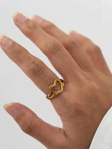 1 chiếc nhẫn hình trái tim bằng thép không gỉ mạ vàng 18K phong cách hip hop, thích hợp cho nữ giới đeo hàng ngày, hẹn hò, làm quà tặng Ngày của Mẹ. - Vàng - Xem 3