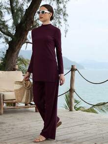 VFJ Women's Burgundy High Waist Burkini Set With Round Neck Long Sleeve Top, Casual High Stretch Swimwear For Fall Winter Vacation Beach Summer - Purple - View 5