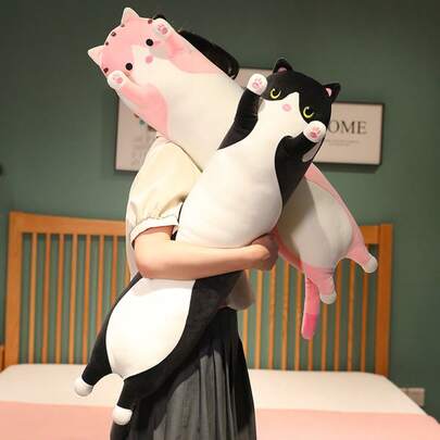 1pc Long Cat Plush Doll, Soft Sofa Lumbar Pillow, Large Skin-Friendly Carpet Headrest, Multi-Size & Color Fluffy Stuffed Animal Doll, Cute Cartoon Cat Sleeping Companion Pillow Gift For Girlfriend, Children, Bed Rail