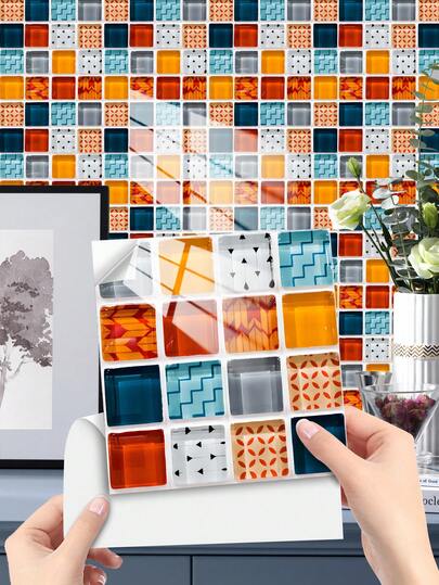 OUTANA 自粘PVC摩洛哥风格瓷砖贴纸，无需工具，撕开即可粘贴，可移除，安装快捷简便，适用于厨房、橱柜、吧台、办公室、客厅、卧室、宿舍，10片装，尺寸可选10/15/20/30厘米。