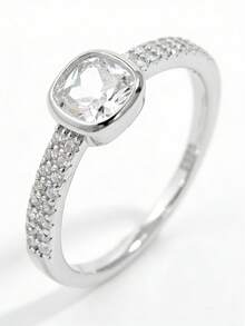 1 pieza Anillo de diseño de piedra cuadrada principal con incrustaciones de doble capa de circonita cúbica de plata esterlina 925 clásica brillante personalizada, regalo ideal para mujeres, adecuado para citas, fiestas y uso diario - Plateado - Ver 4