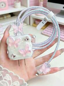 5 piezas Funda protectora de cable de carga con purpurina transparente y diseño de mariposa rosa, compatible con cargador original Apple 18W/20W - Multicolor - Ver 2