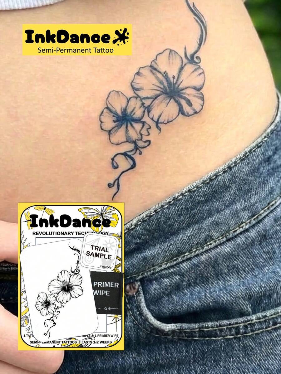 1組「Hibiscus」新技術紋身貼,臨時紋身,半永久,仿真紋身,防水且持久,逼真設計,植物基配方,InkDance,Ink Dance 節慶身體藝術禮品 X213 - 黑色 - 查看 1