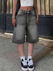 Street Fashion Casual Wide Leg Denim Shorts Summer - Grey - View 2