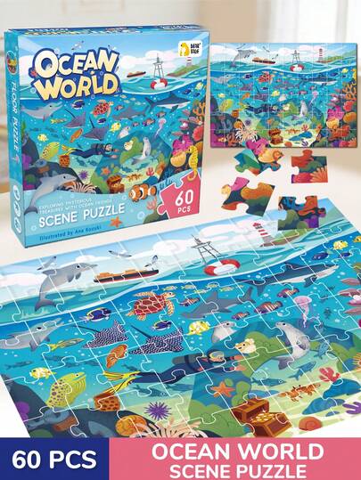 60pcs Ocean World Jigsaw Puzzle Toy, Suitable For Toddlers, Colorful Marine Life Shark And Dolphin Matching Cards, Montessori Early Education Cognitive Toy, Underwater Animal Learning Game, Birthday Gift For 3-6 Year Old Children