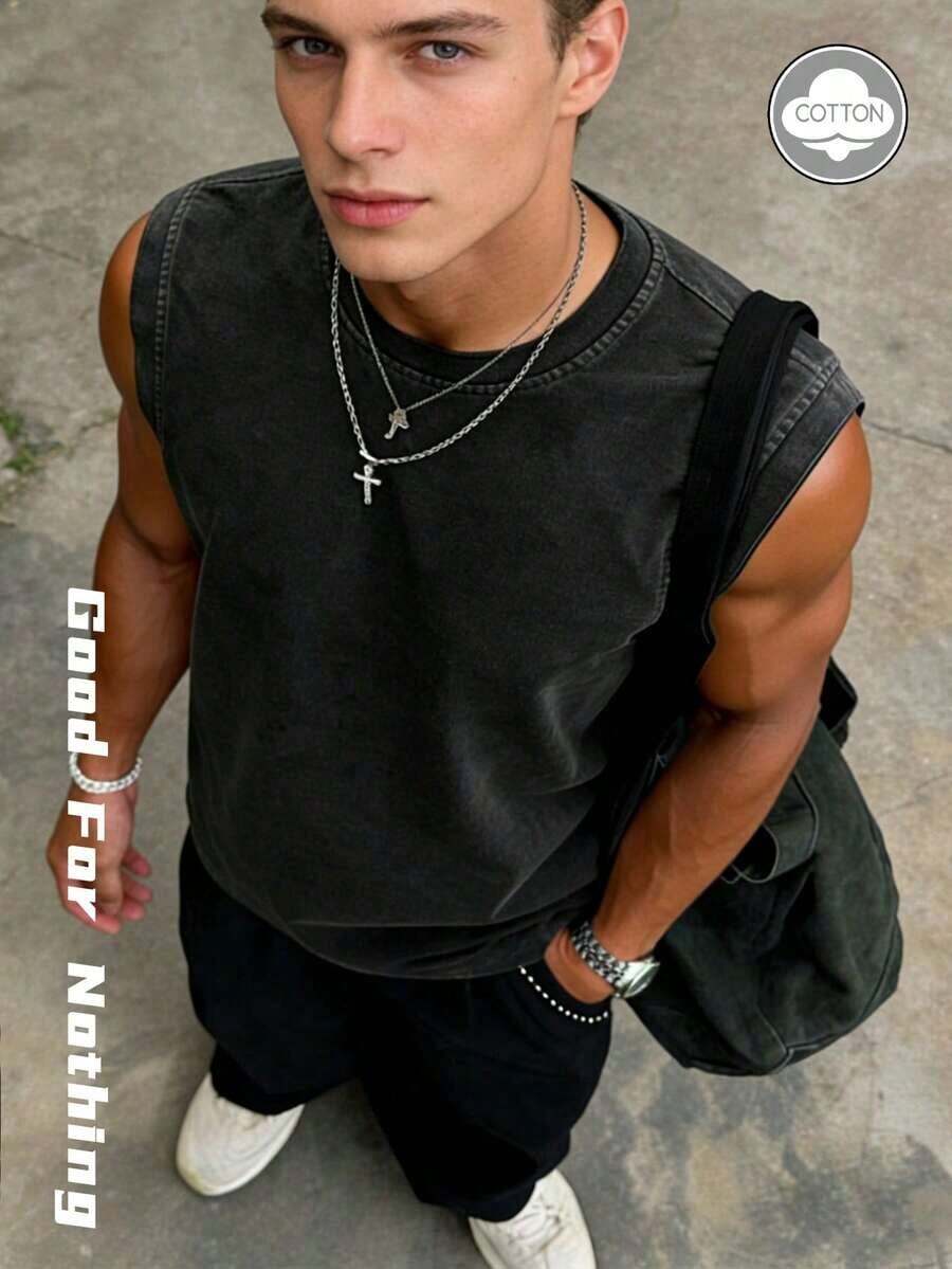 Oversized Distressed Gray Sleeveless Tank Top, Loose Fit Vintage Washed Style, Wide Shoulder Cut, Casual Summer Versatiletank Tops, Summer Tops, Camisas Para Hombre - 黑色 - 查看 1