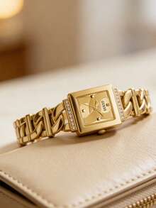 Đồng hồ nữ GUESS, dây đeo bản to màu vàng, mặt vuông đính đá, máy quartz, món quà Valentine thanh lịch GW0603L2 - Vàng - Xem 1