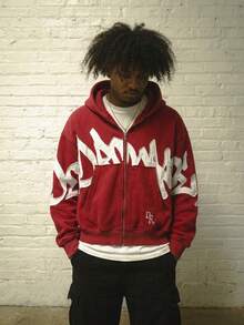 Oversized Hoodie Men Streetwear Hoodies Y2K Graphic Vintage Sweatshirt Grunge Rapper Designer Hooded Sweatshirts Tops - 紅色 - 查看 2