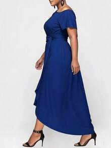 Plus Size Women's Asymmetric Knit Short Sleeve Midi Dress, Fashionable, Comfortable And Elegant, Suitable For Women's Summer Vacation And Beach Wear - Blue - View 5