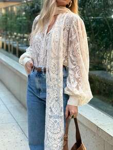 Look Polly 女士优雅花卉蕾丝系领花瓣袖镂空纽扣衬衫，配长蕾丝围巾，象牙色，婚礼宾客派对装扮，春夏款 - 杏色 - 查看 10