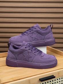 2026 Women's Sweet Style Pink Suede Sneakers With Star Decoration Lace-Up Thick Sole Comfortable Casual Shoes For Daily Wear Fashionable Girl - 紫色 - 查看 1