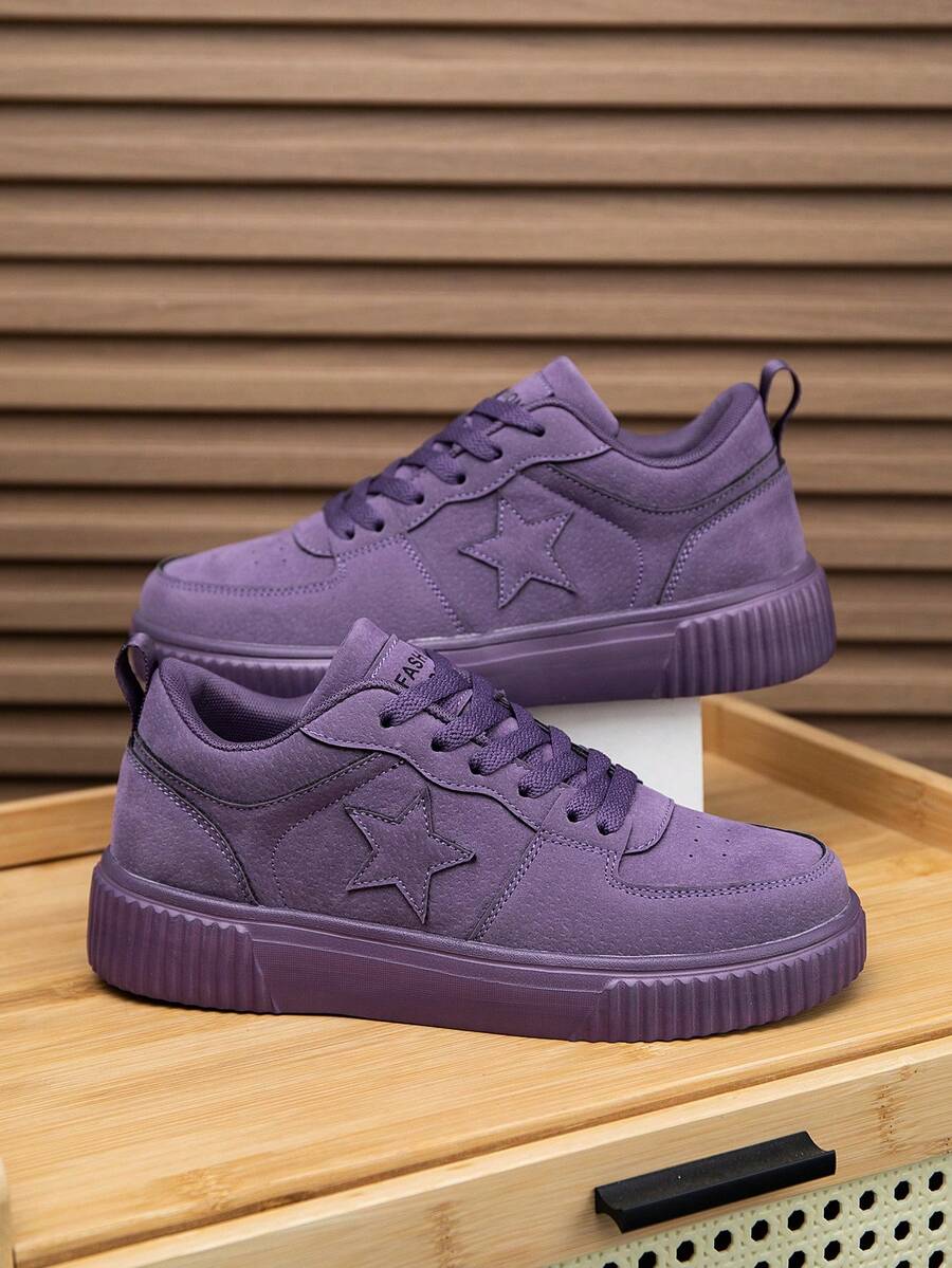 2026 Women's Sweet Style Pink Suede Sneakers With Star Decoration Lace-Up Thick Sole Comfortable Casual Shoes For Daily Wear Fashionable Girl - 紫色 - 查看 1