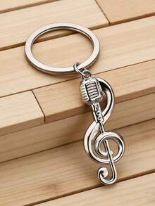 1pc Creative Microphone Shaped Keychain, Fashionable Music Note Pendant Metal Music Symbol Keyring, Interesting Gift For Friends - Silver - View 4