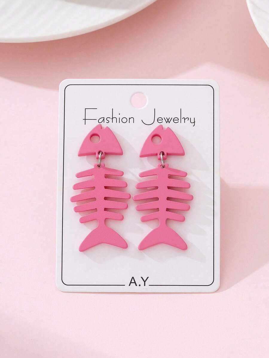 1 Pair Cute Fish Bone Lacquered Faux Soft Pottery Design Fashion Jewelry Earrings For Women, Perfect Gift For Beach Party - Pink - View 1