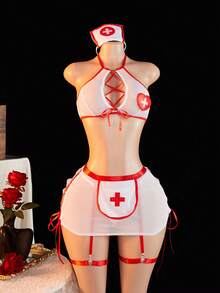 5件套女士性感夜店COS吊带深V开衩护士内衣套装，适合居家、夜店、私人派对或角色扮演，性感内衣 - 白色 - 查看 5