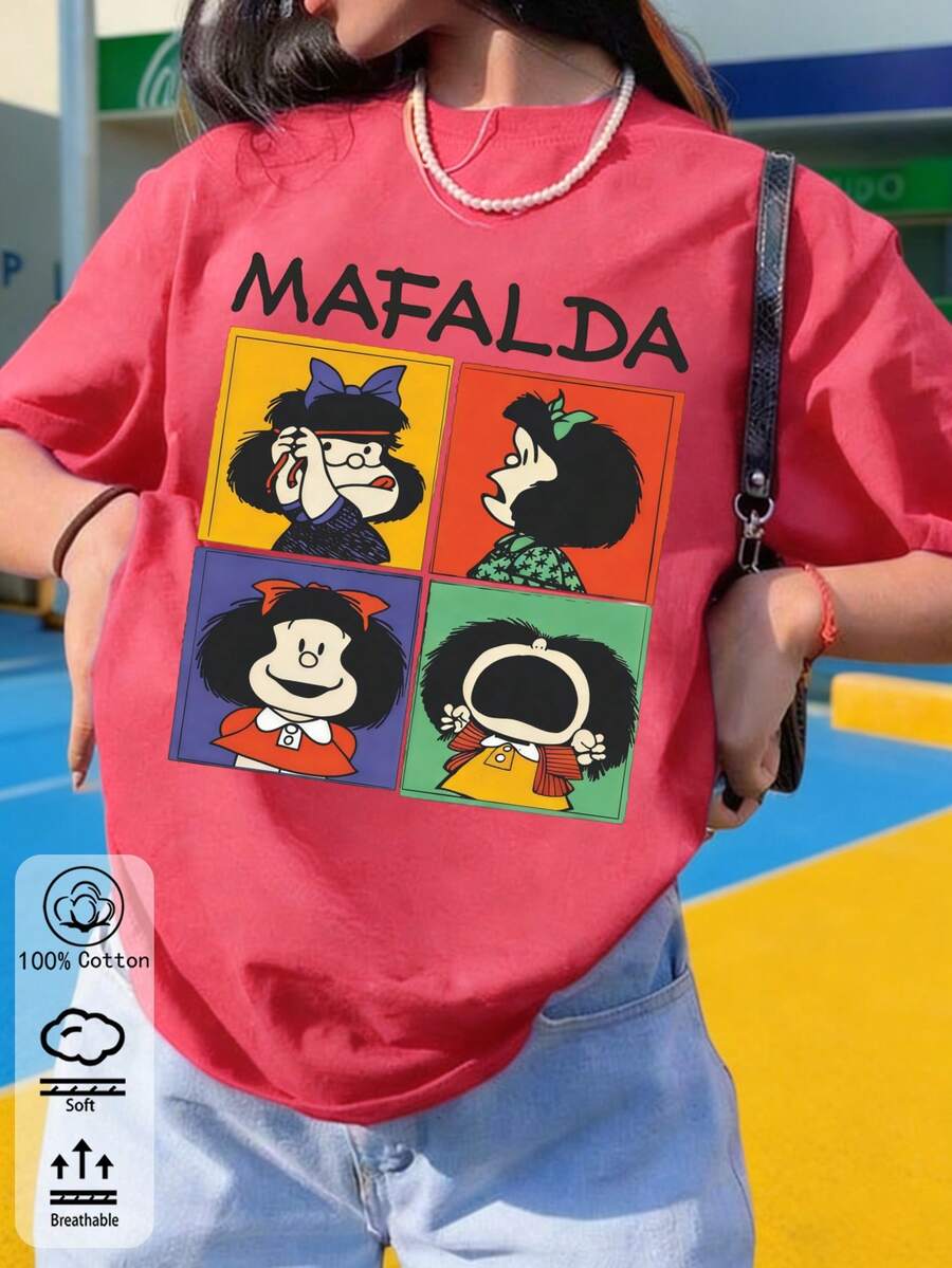 Hàng mới về cho nữ Xuân/Hè 2026: Áo thun cotton nguyên chất in hình hoạt hình Mafalda phong cách retro, Áo thun nữ Xuân/Hè 2026, Áo thun cổ tròn tay ngắn dáng rộng màu trơn, Trang phục thường ngày nữ Xuân/Hè, Thời trang đường phố, Kỳ nghỉ, Áo thun tay ngắn nữ, Áo mùa hè, Quần áo nữ, Mùa hè nữ, Trang phục mùa hè nữ, Nữ, Quần áo nữ có thân hình đầy đặn, Nữ cỡ lớn, Bạn bè, Kỳ nghỉ, Thường ngày, Văn phòng/Phòng khách/Nhà/Thể thao ngoài trời/Phong cách retro/Đơn giản, Thiết kế vui nhộn, Áo thường ngày bốn mùa, Áo tay ngắn đôi ngày Valentine, Áo tay ngắn unisex, Hẹn hò, Đi chơi lãng mạn, Quà tặng ngày lễ, Thể thao, Áo - Dưa hấu đỏ - Xem 1